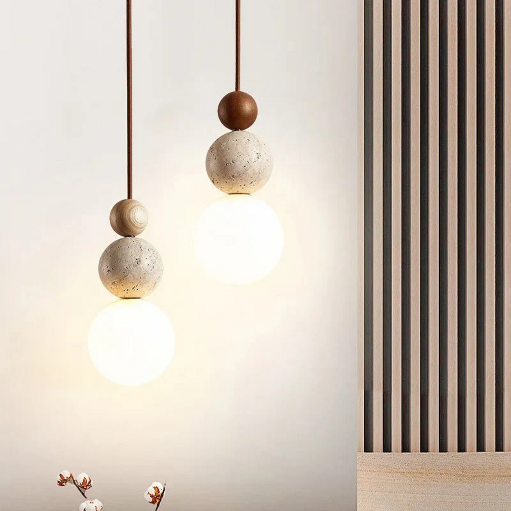 Contemporary Travertine and Mahogany Pendant Light - NaturaLuxe Collection