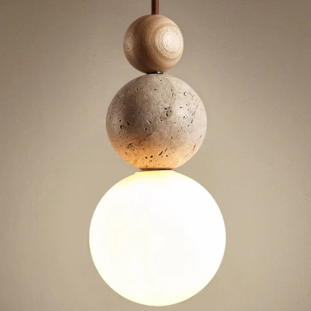 Contemporary Travertine and Mahogany Pendant Light - NaturaLuxe Collection