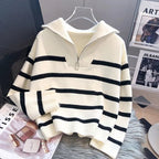 Lauren | Striped Wool Knit Sweater with Fold-Down Collar and Zip Closure