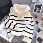 Lauren | Striped Wool Knit Sweater with Fold-Down Collar and Zip Closure