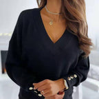 Lix V-Neck Sweater | Cozy Women's Jumper with Gold Button Accents