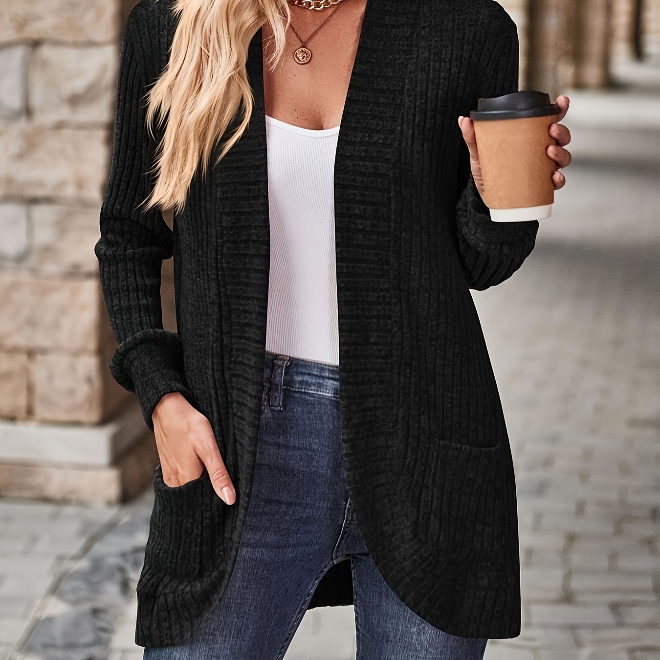 Lotte | Solid Color Open-Front Cardigan with Pockets