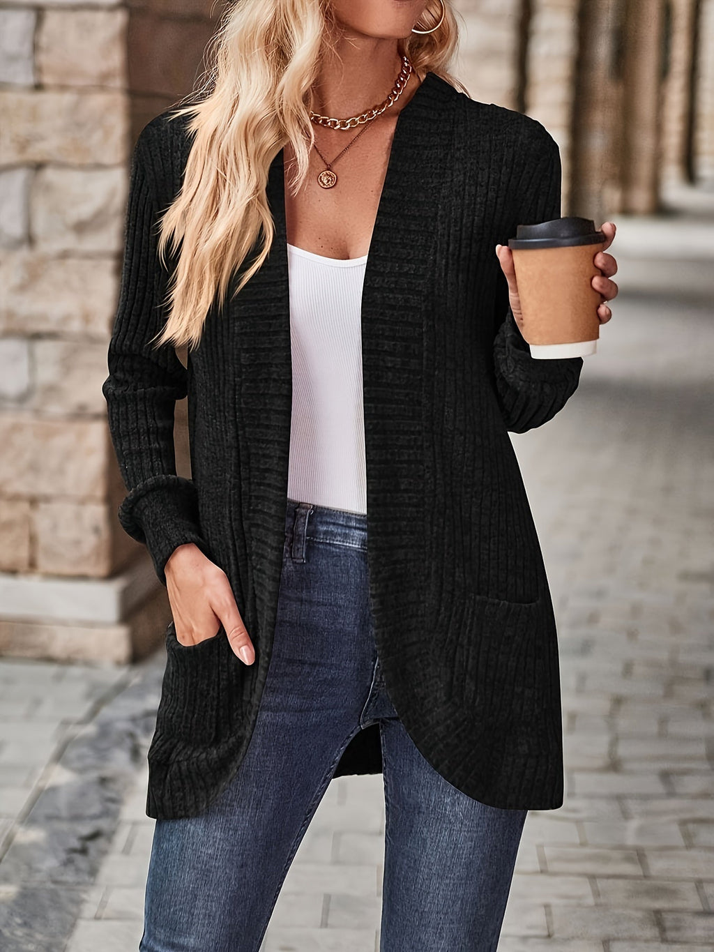 Lotte | Solid Color Open-Front Cardigan with Pockets