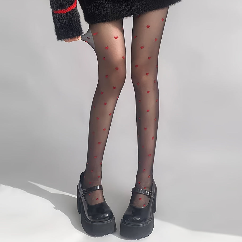 Lotte | Sheer High-Waisted Tights with Red Love Heart Design