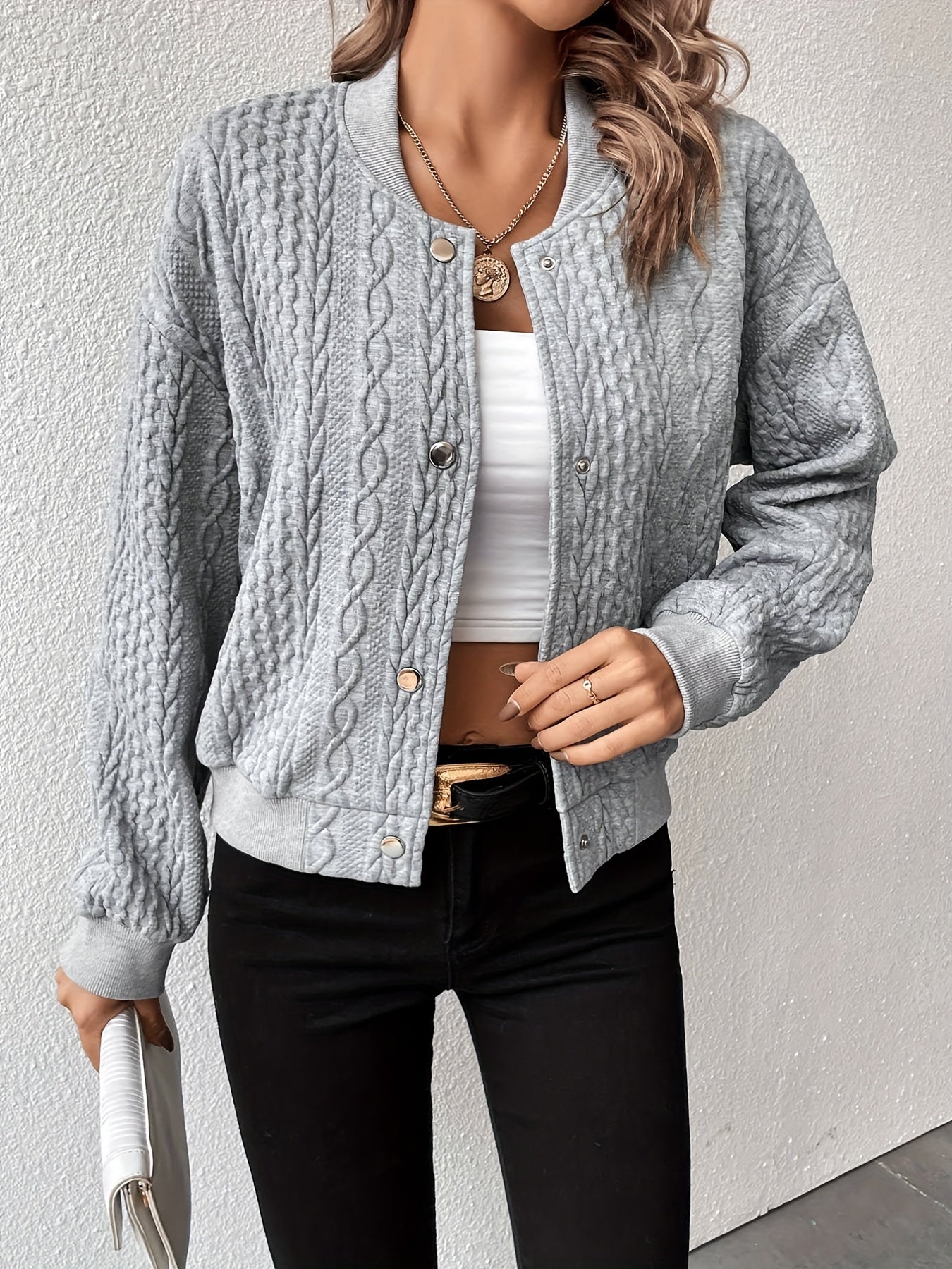 Lotte | Textured Button-Detail Solid Bomber Jacket