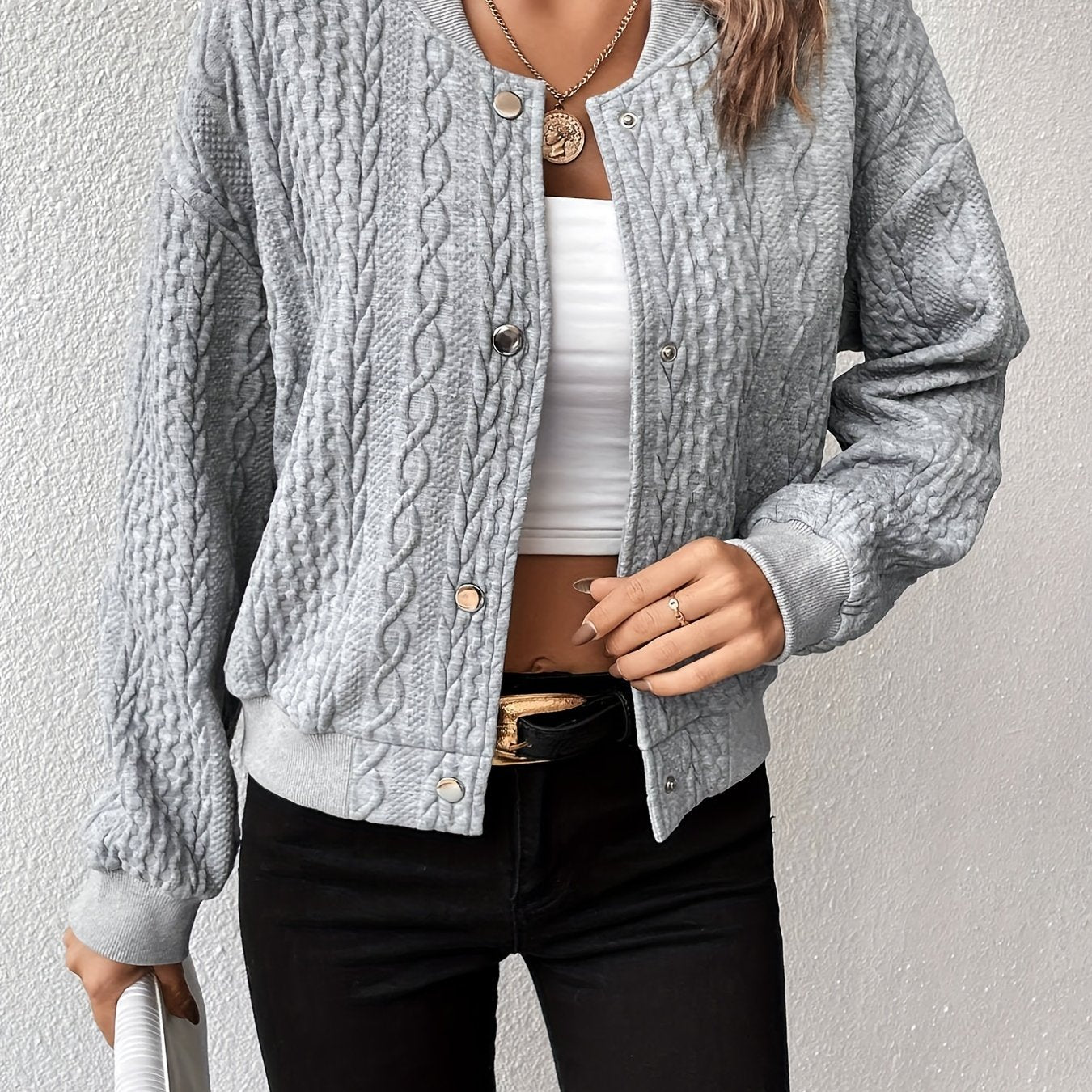 Lotte | Textured Button-Detail Solid Bomber Jacket
