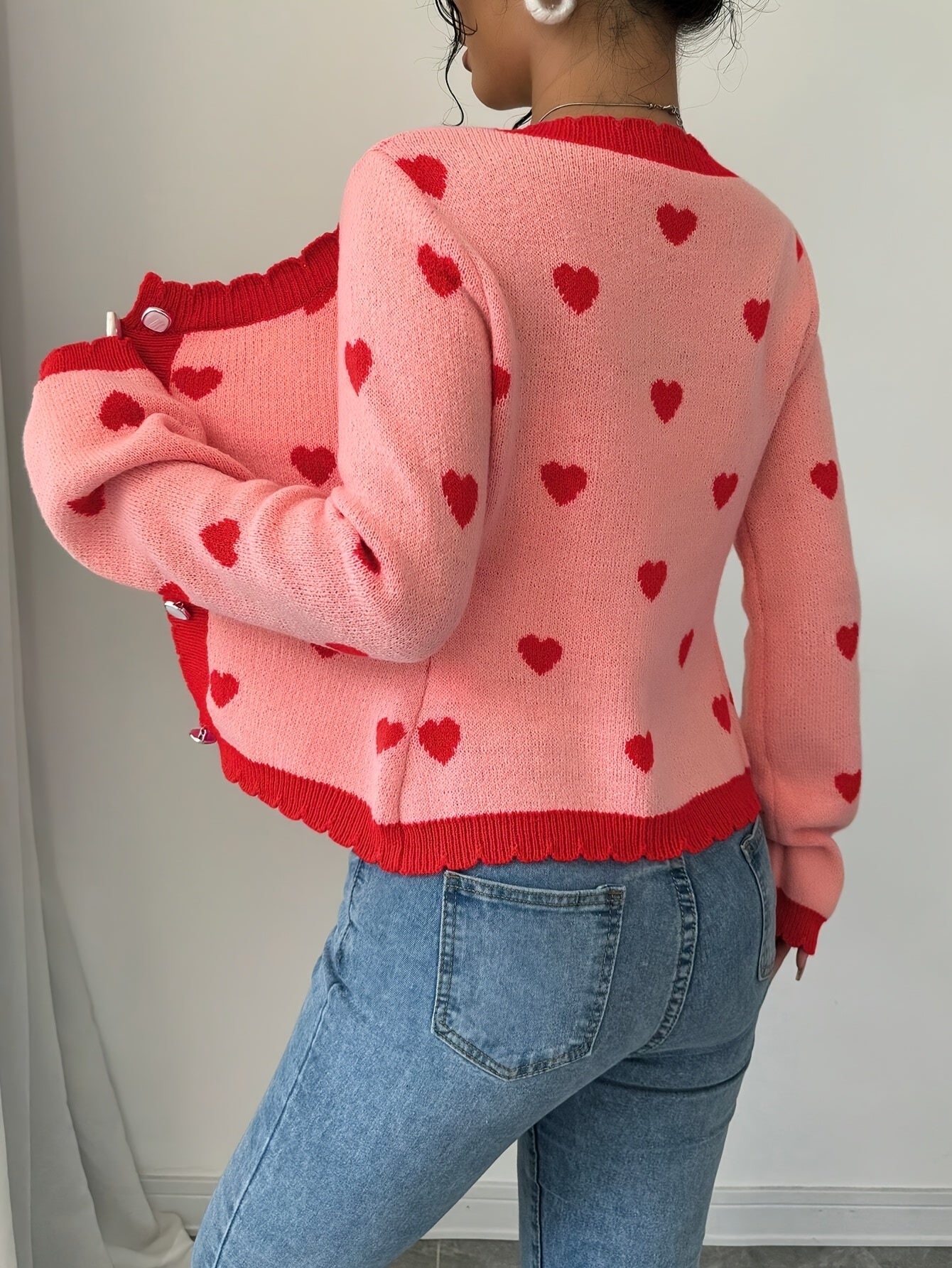 Lotte | Chic Red & Pink Heart Pattern Cardigan for Women