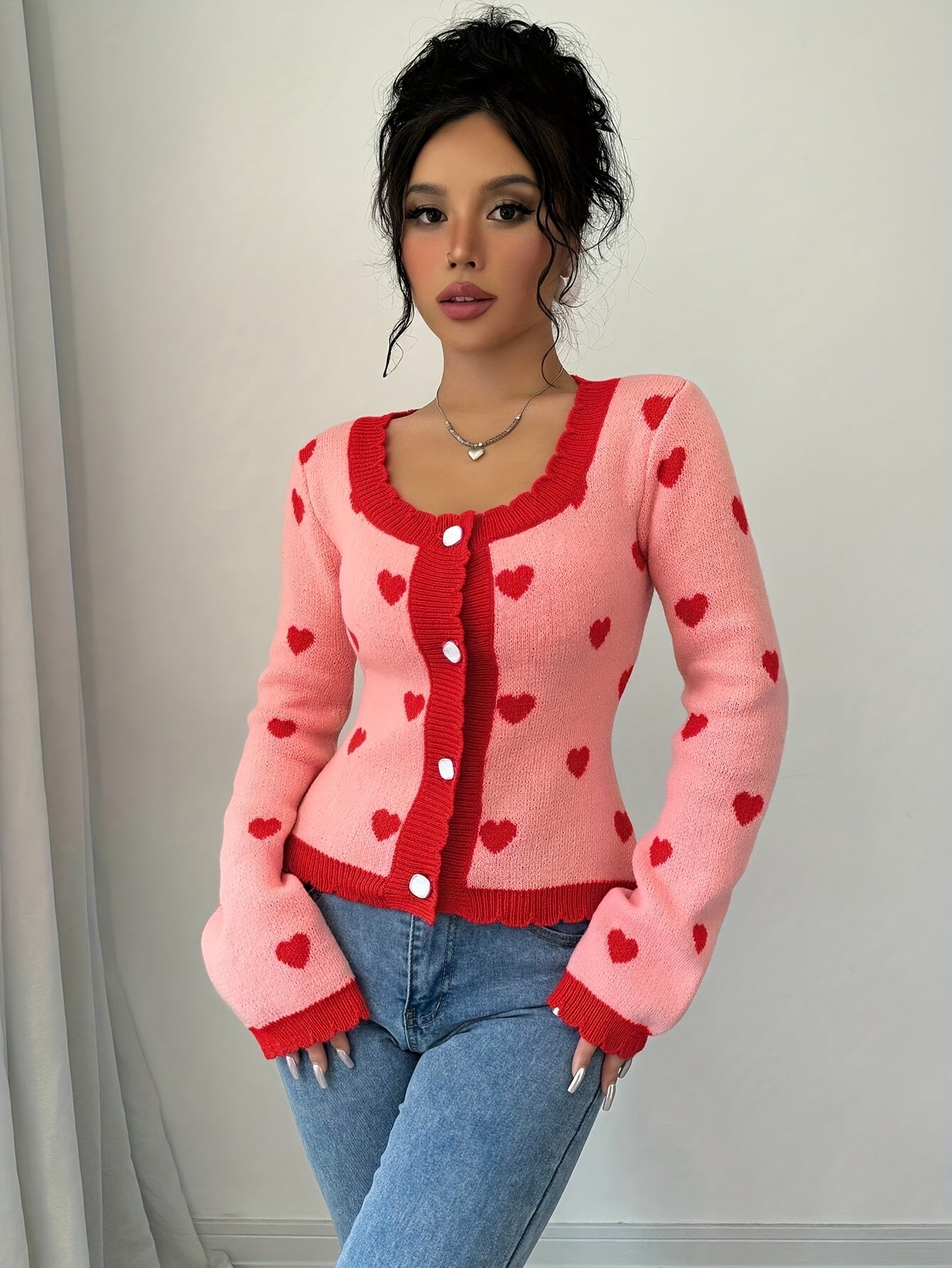 Lotte | Chic Red & Pink Heart Pattern Cardigan for Women
