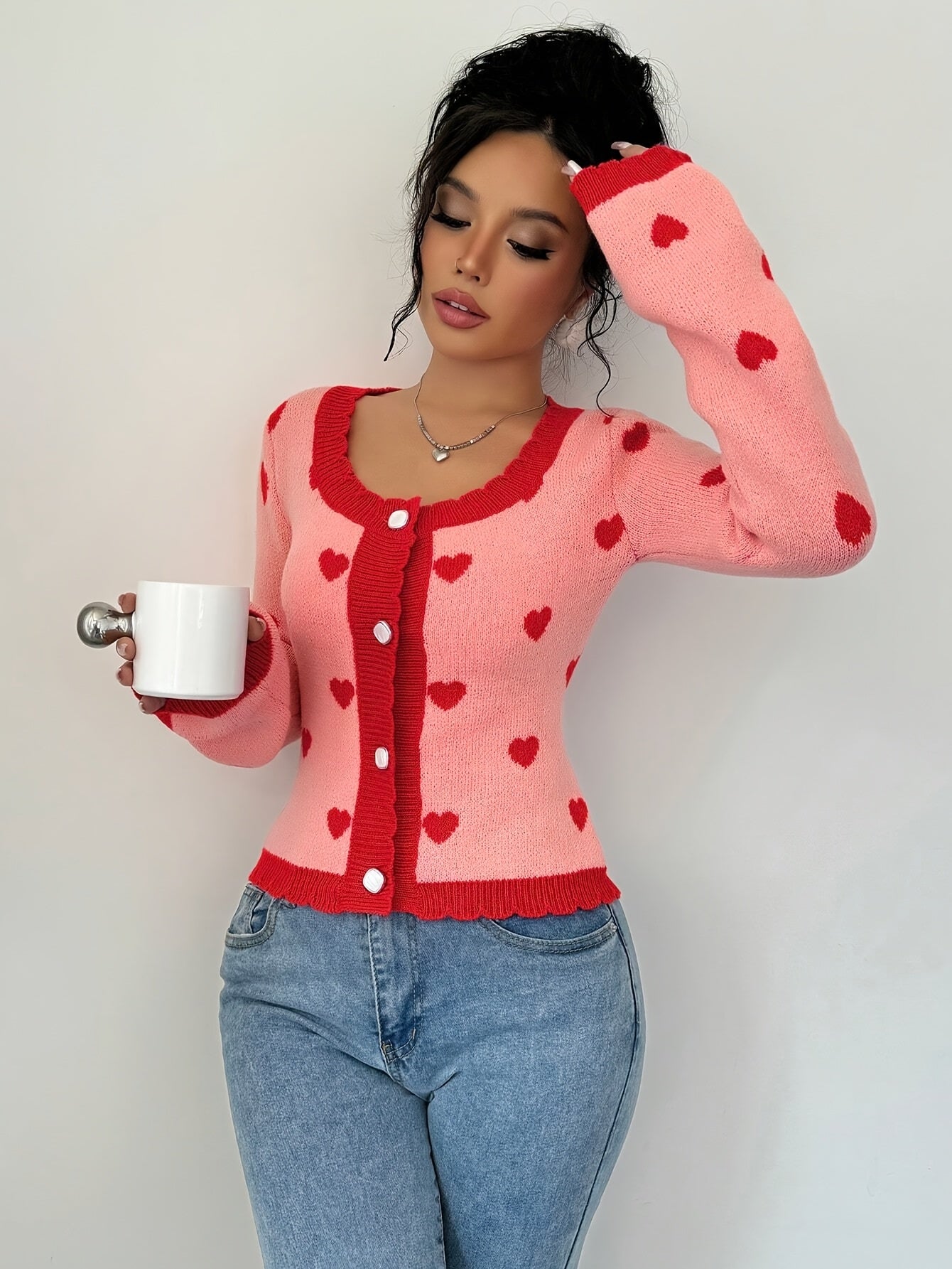 Lotte | Chic Red & Pink Heart Pattern Cardigan for Women