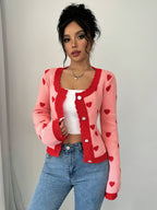 Lotte | Chic Red & Pink Heart Pattern Cardigan for Women