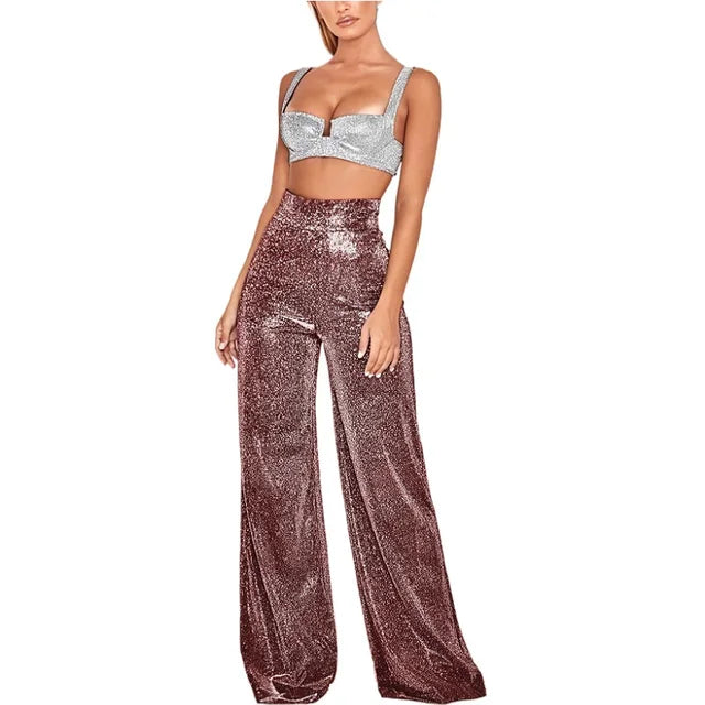Chic Flared Leg Glitter Party Pants for Women