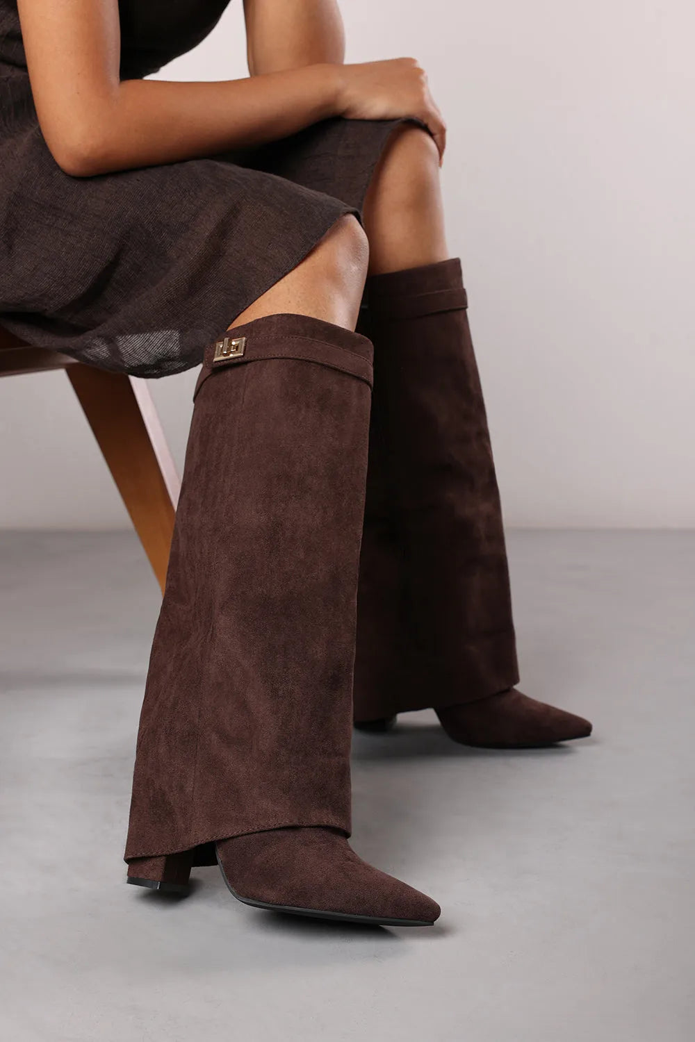 Women's Chic Knee-High Boots with Buckle Accent and Pointed Toe
