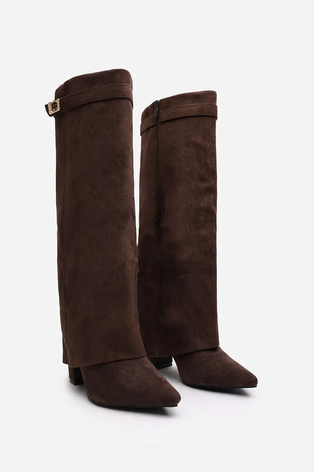 Women's Chic Knee-High Boots with Buckle Accent and Pointed Toe