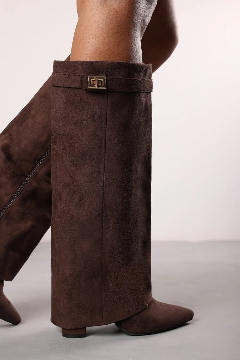 Women's Chic Knee-High Boots with Buckle Accent and Pointed Toe