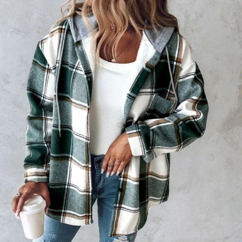 Casual Hooded Checked Coat for Women - Autumn Style