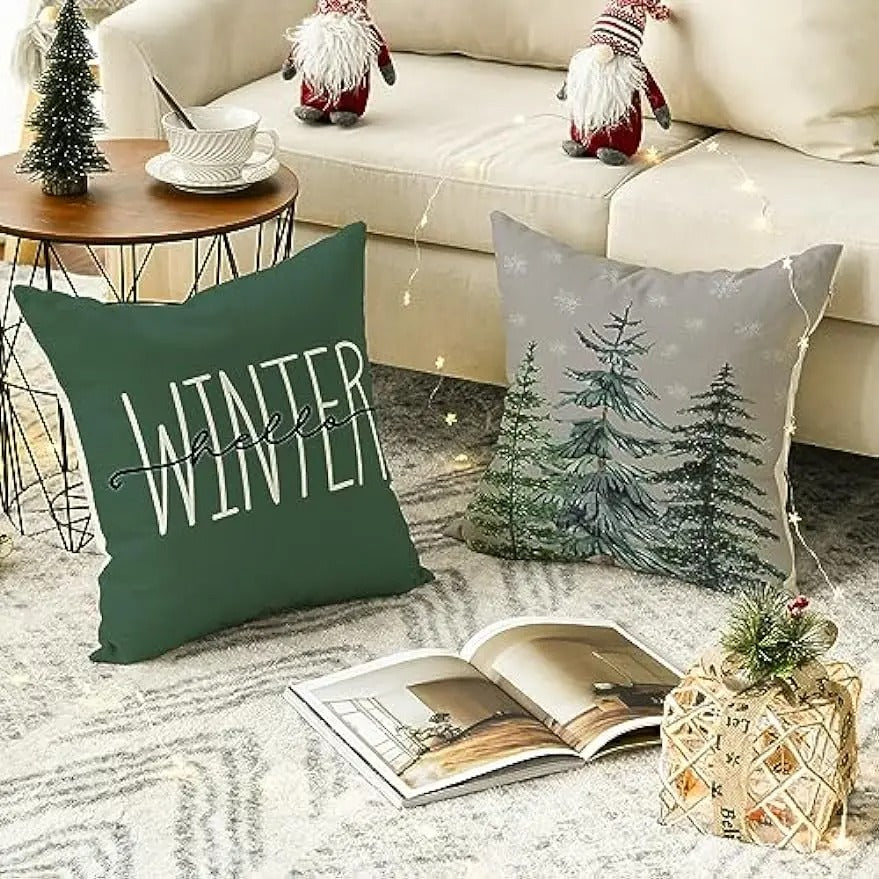 Festive Christmas Cushion Cover Featuring Christmas Tree and Gift Design