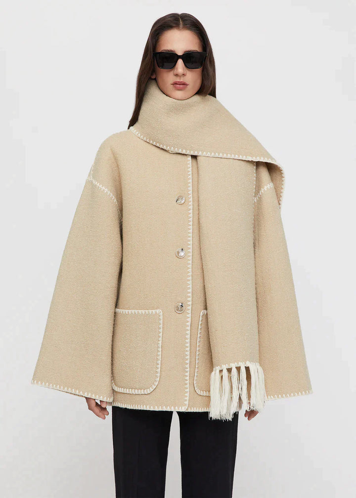 Chic Merino Wool Winter Coat with Built-In Scarf – Women's