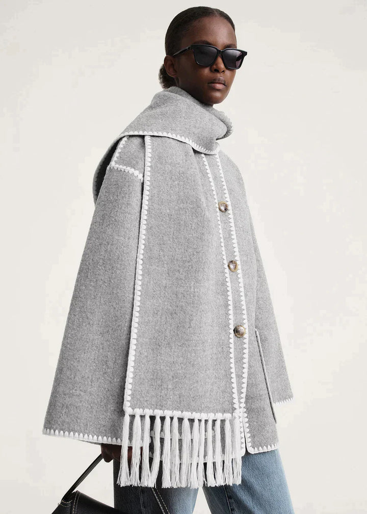 Chic Merino Wool Winter Coat with Built-In Scarf – Women's