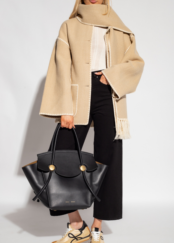 Chic Merino Wool Winter Coat with Built-In Scarf – Women's
