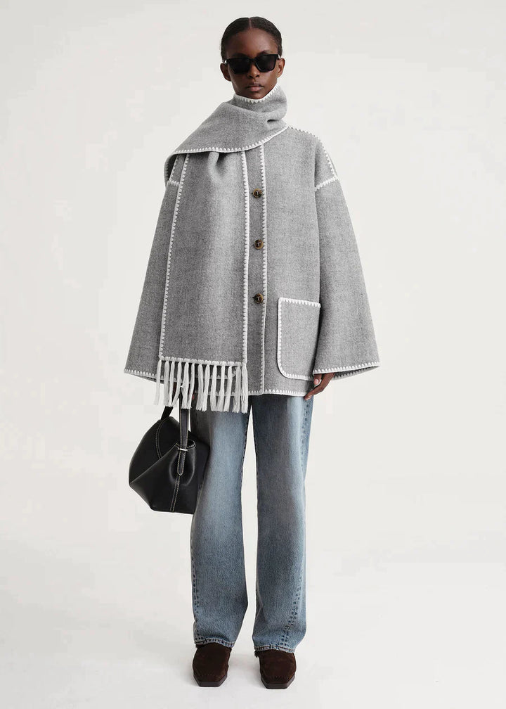 Chic Merino Wool Winter Coat with Built-In Scarf – Women's