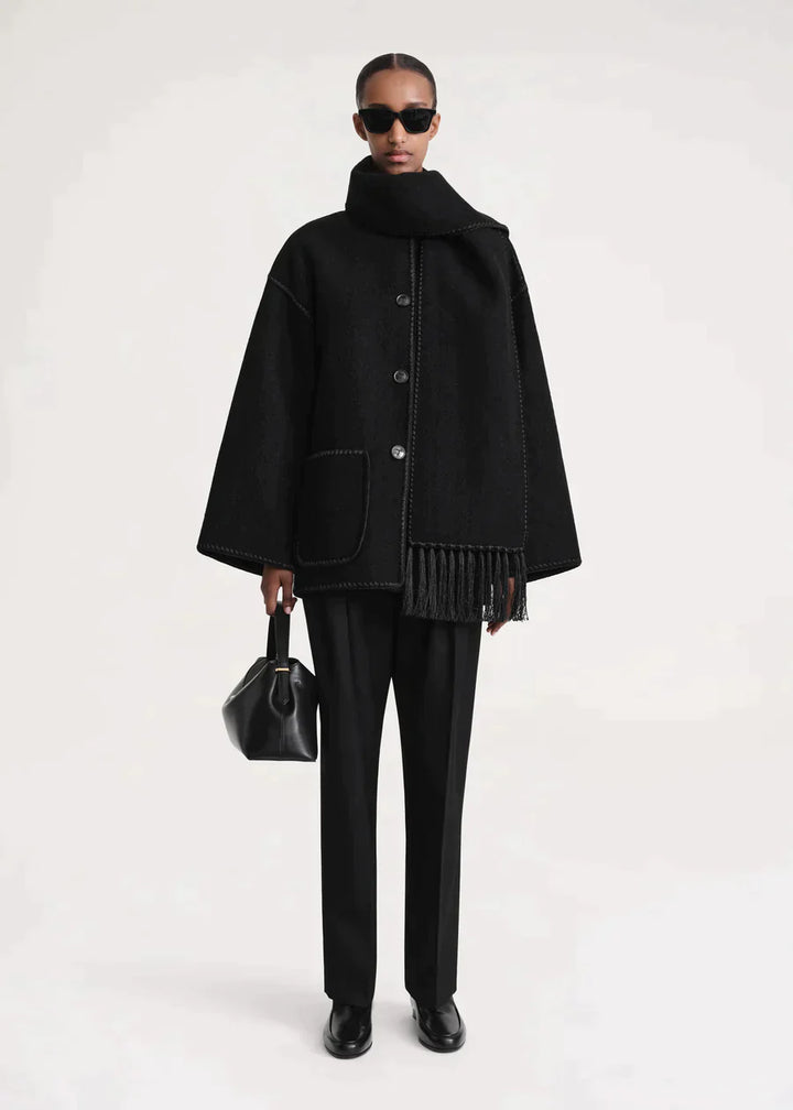 Chic Merino Wool Winter Coat with Built-In Scarf – Women's