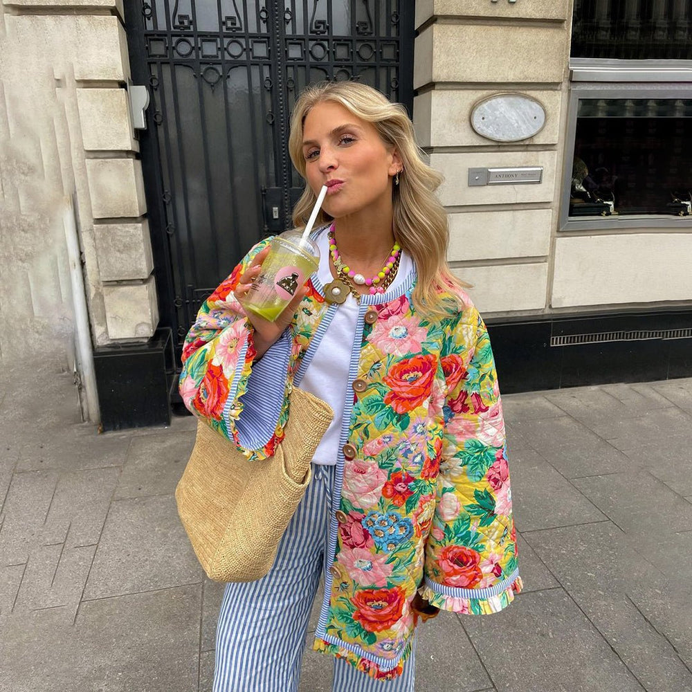 Women's Padded Jacket - Oversized Fit - Button Closure - Floral Print - Hip Length