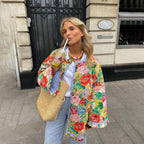 Women's Padded Jacket - Oversized Fit - Button Closure - Floral Print - Hip Length