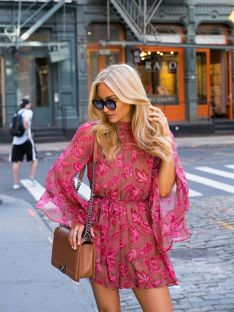 Floral Print Mini Boho Playsuit for Women with Elastic Waist