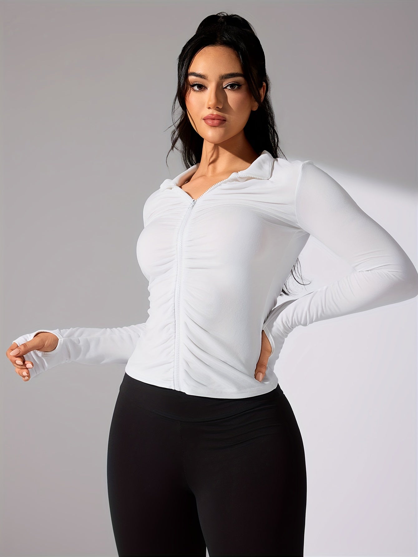 Nina | Solid Color Casual Sports Jacket with Long Sleeves and Full Zip
