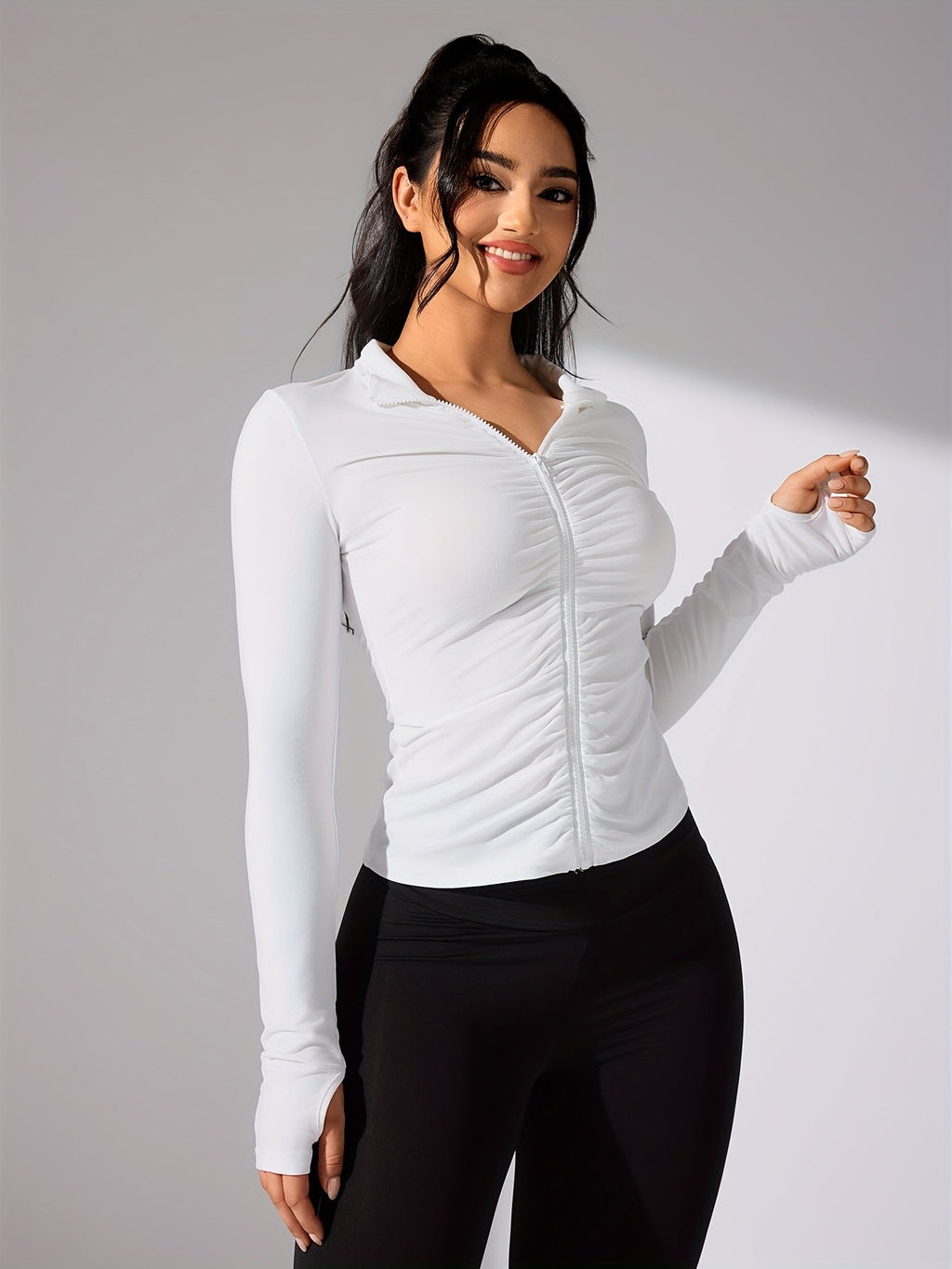 Nina | Solid Color Casual Sports Jacket with Long Sleeves and Full Zip