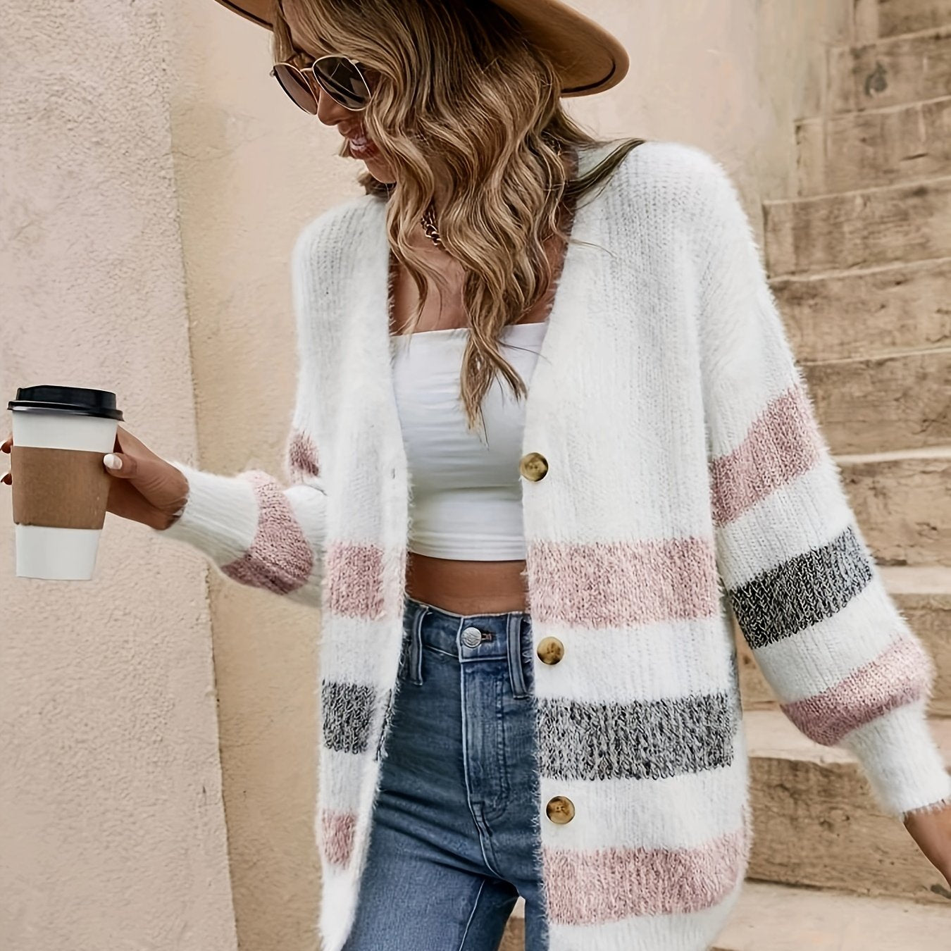 Nina | V-Neck Color Block Knitted Cardigan