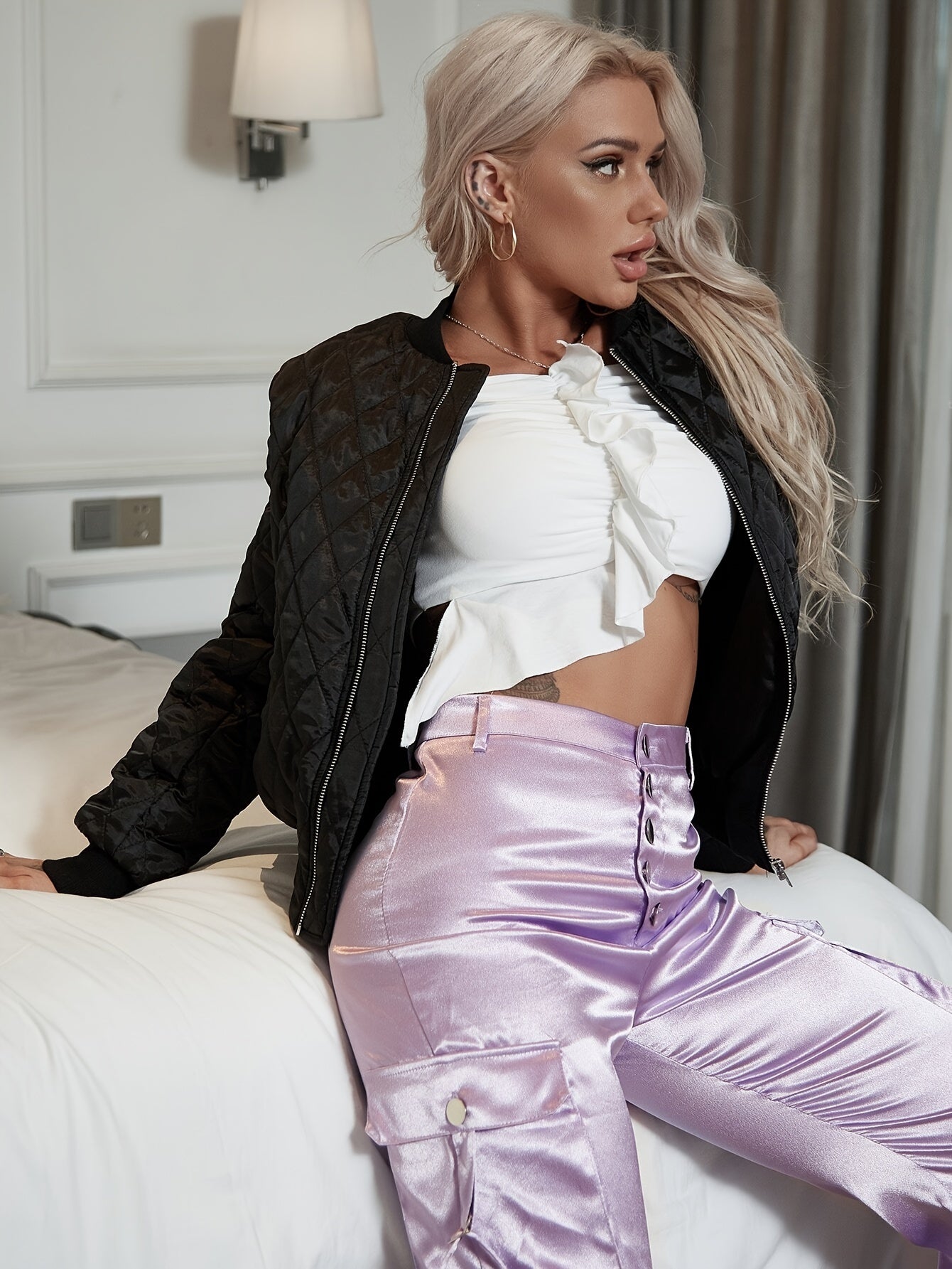 Nina | Solid Color Padded Bomber Jacket