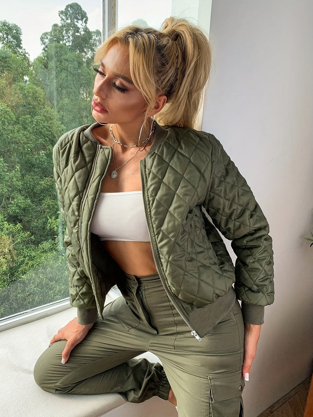 Nina | Solid Color Padded Bomber Jacket