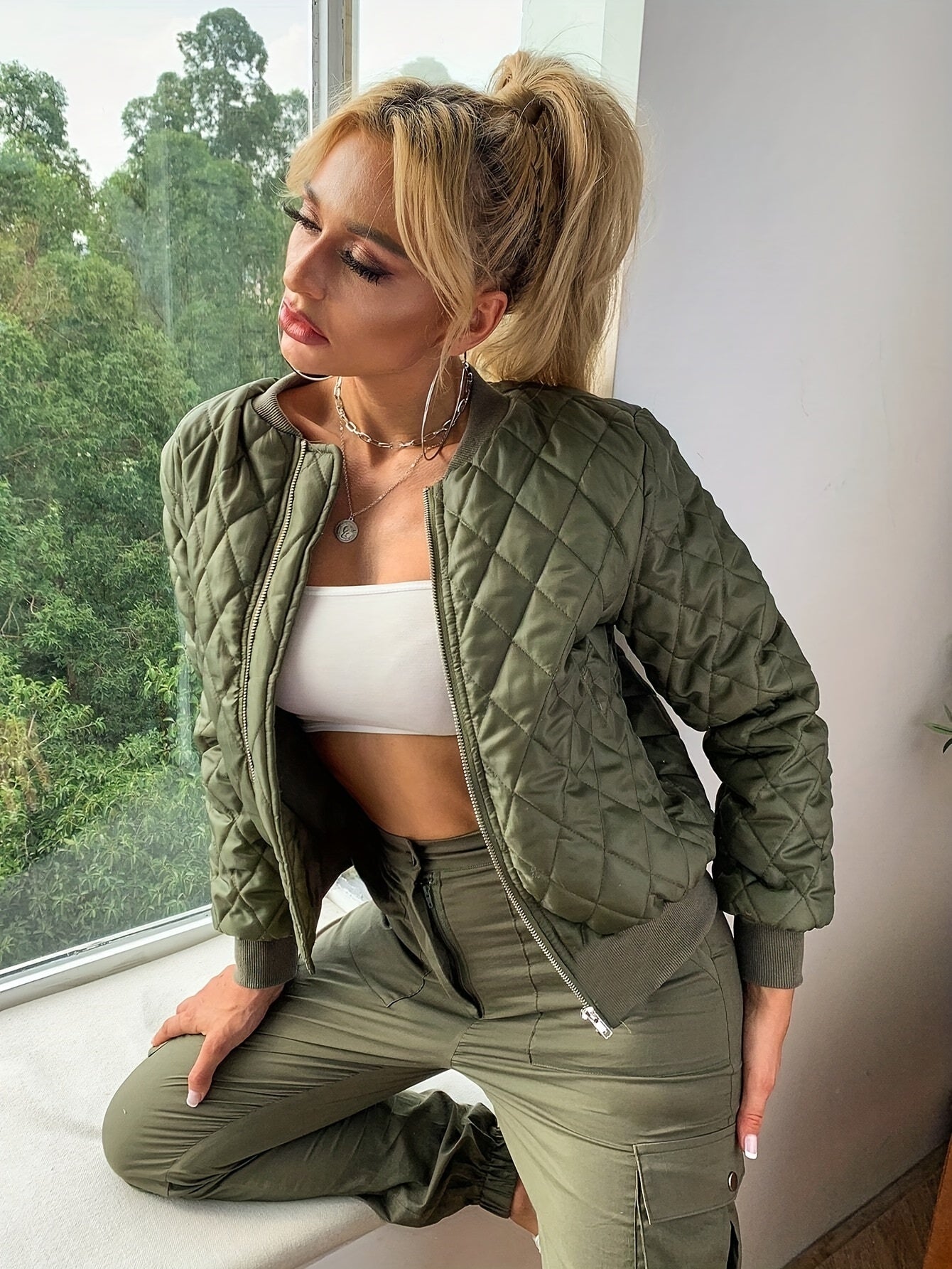 Nina | Solid Color Padded Bomber Jacket
