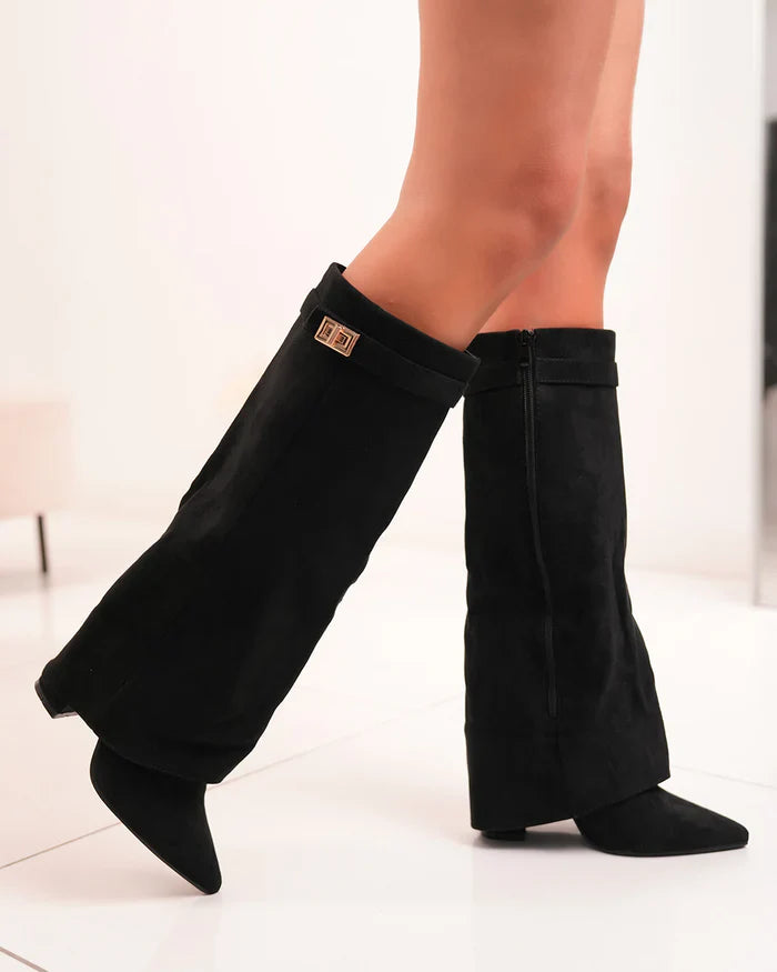 Women's Chic Knee-High Boots with Buckle Accent and Pointed Toe