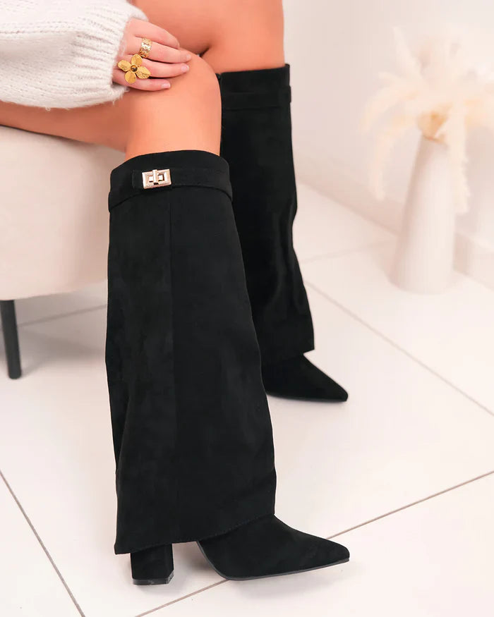 Women's Chic Knee-High Boots with Buckle Accent and Pointed Toe