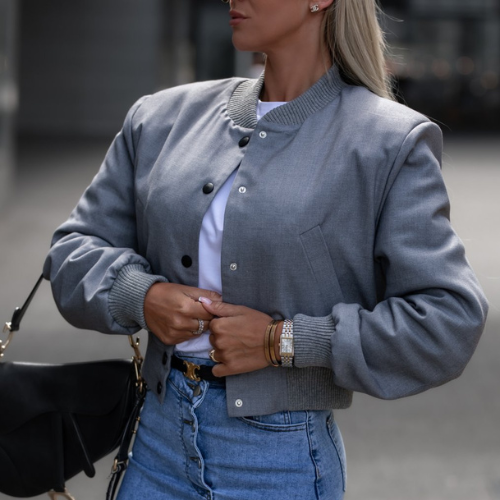 Romy | Button-Detail Short Bomber Jacket