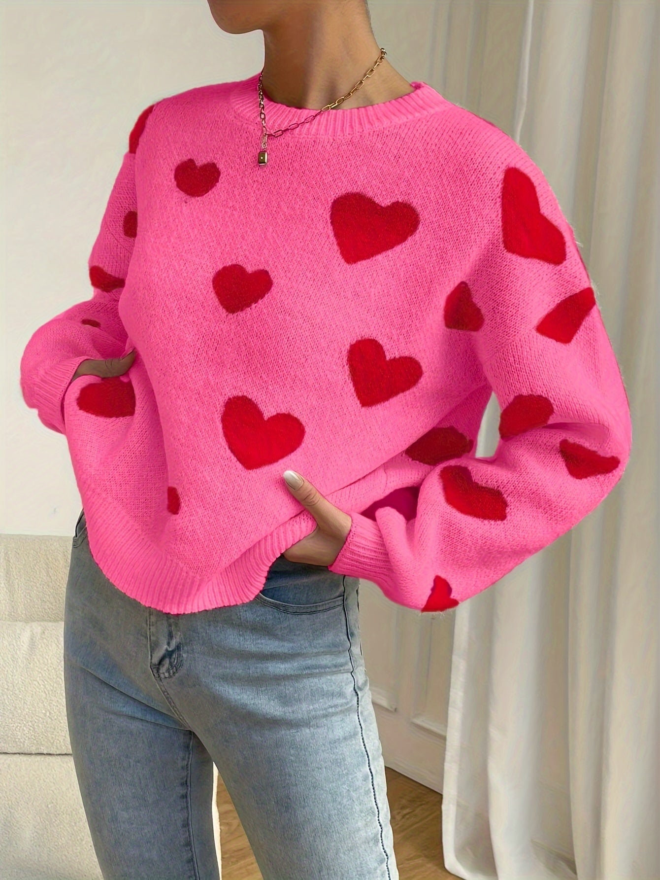 Sara | Pink Sweater Featuring Red Heart Design and Round Neckline