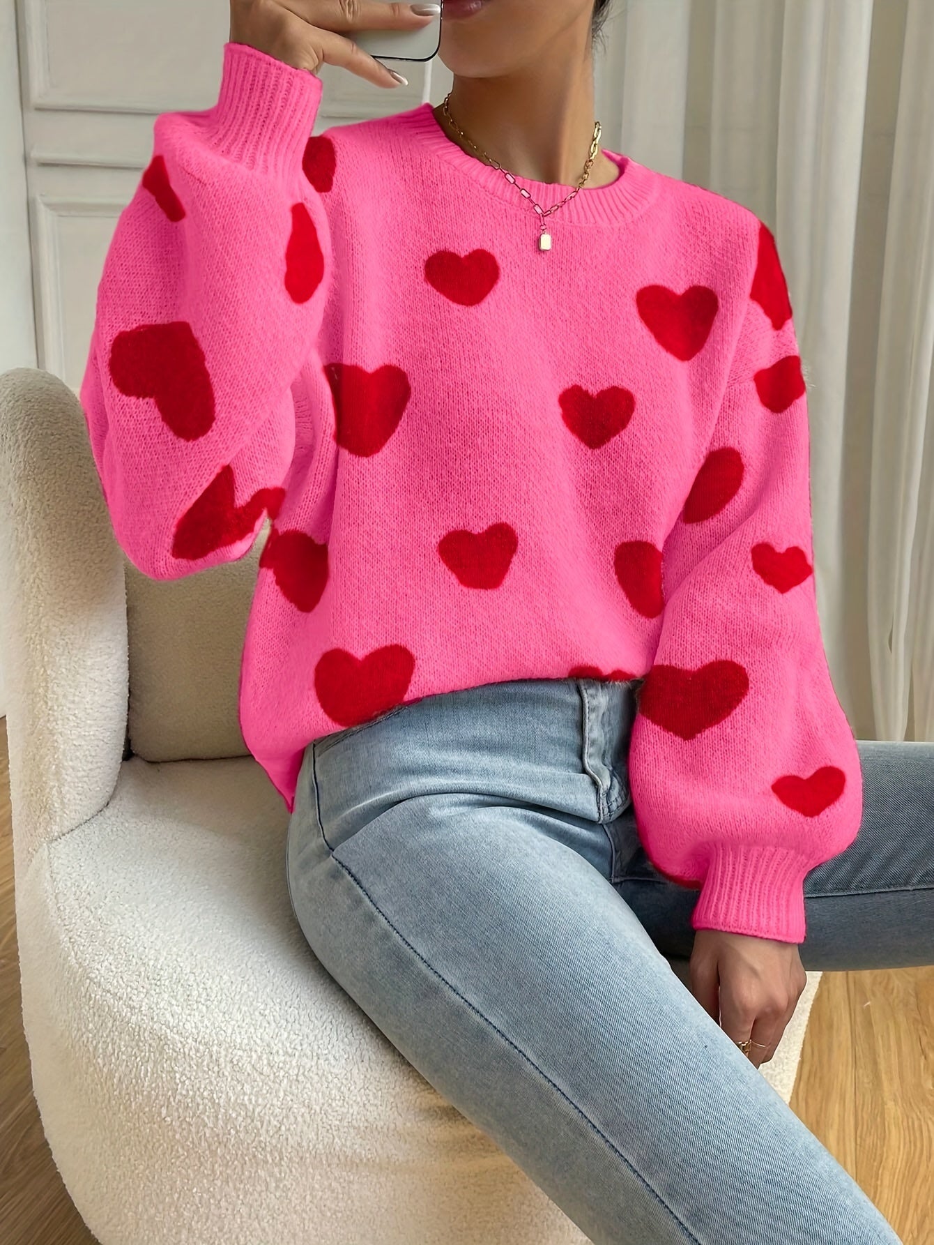 Sara | Pink Sweater Featuring Red Heart Design and Round Neckline