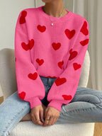 Sara | Pink Sweater Featuring Red Heart Design and Round Neckline