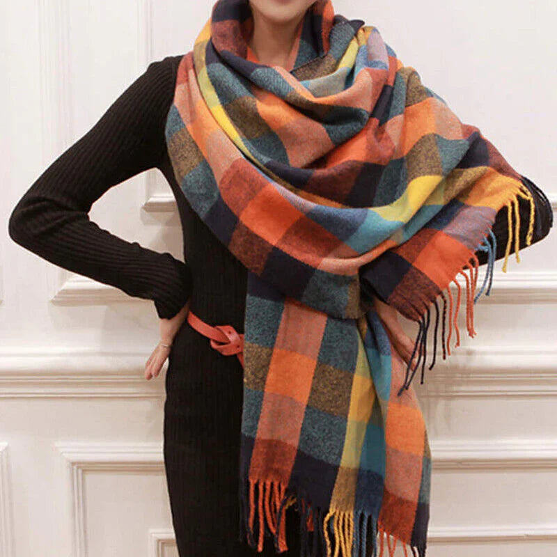 Oversized Luxe Checked Winter Scarf with Fringes