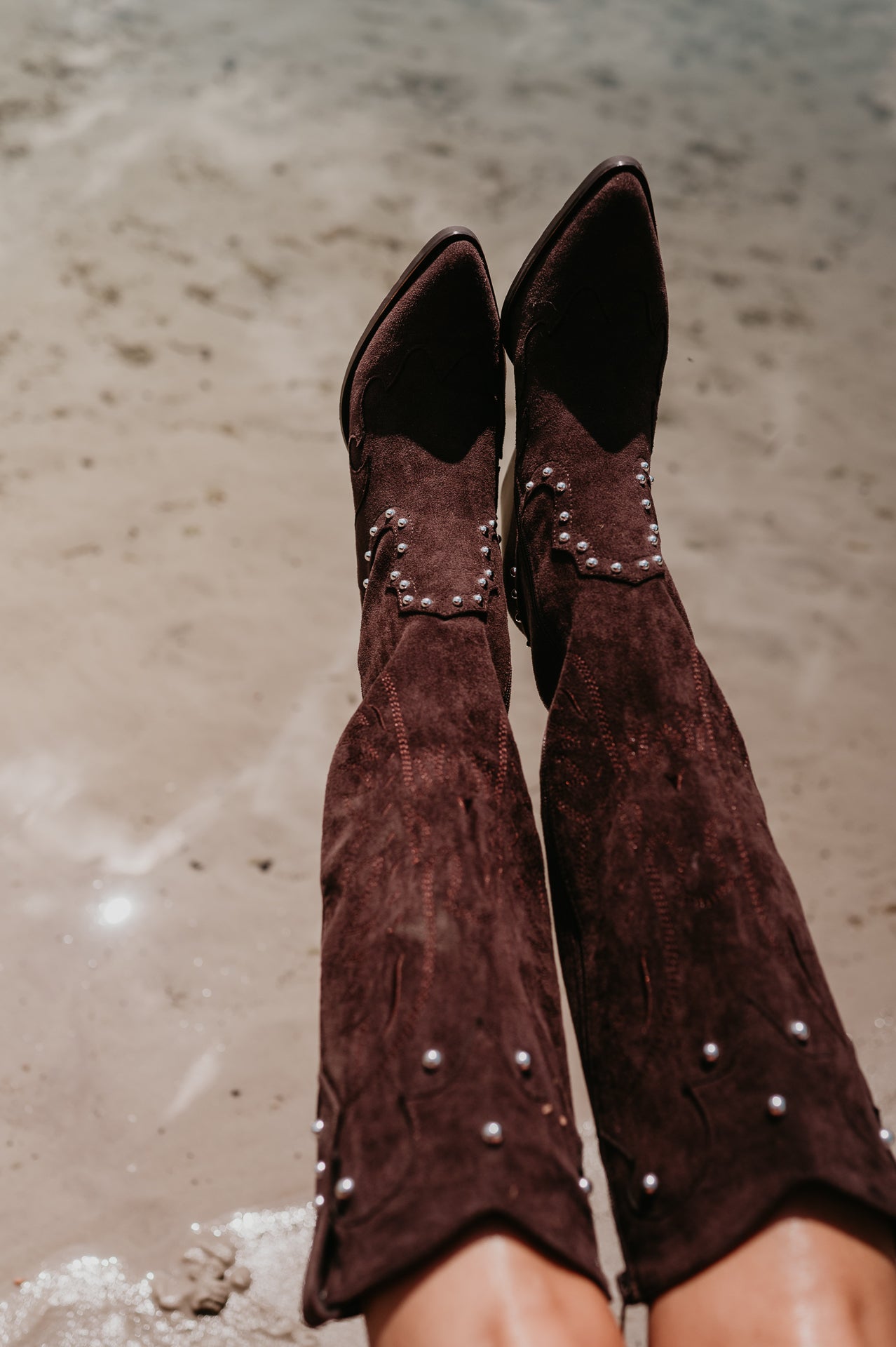 Women's Brown Knee-High Winter Boots with Pearl Details