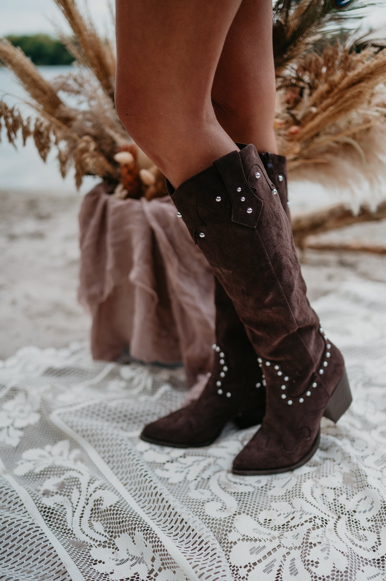 Women's Brown Knee-High Winter Boots with Pearl Details