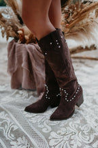 Women's Brown Knee-High Winter Boots with Pearl Details