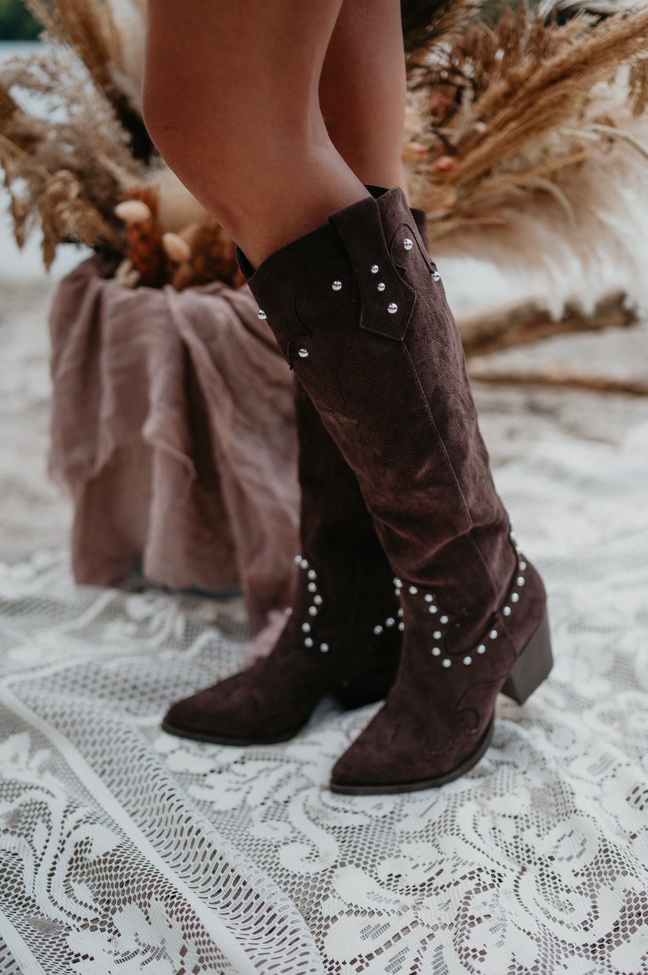 Women's Brown Knee-High Winter Boots with Pearl Details