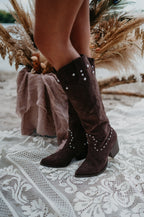 Women's Brown Knee-High Winter Boots with Pearl Details