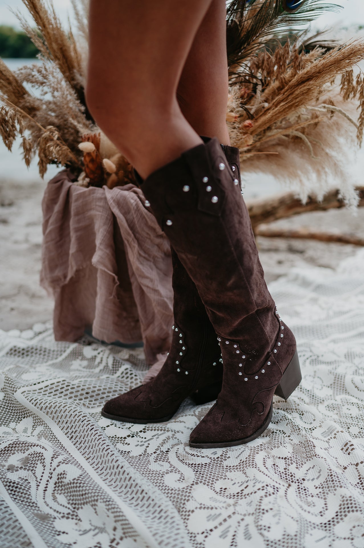 Women's Brown Knee-High Winter Boots with Pearl Details
