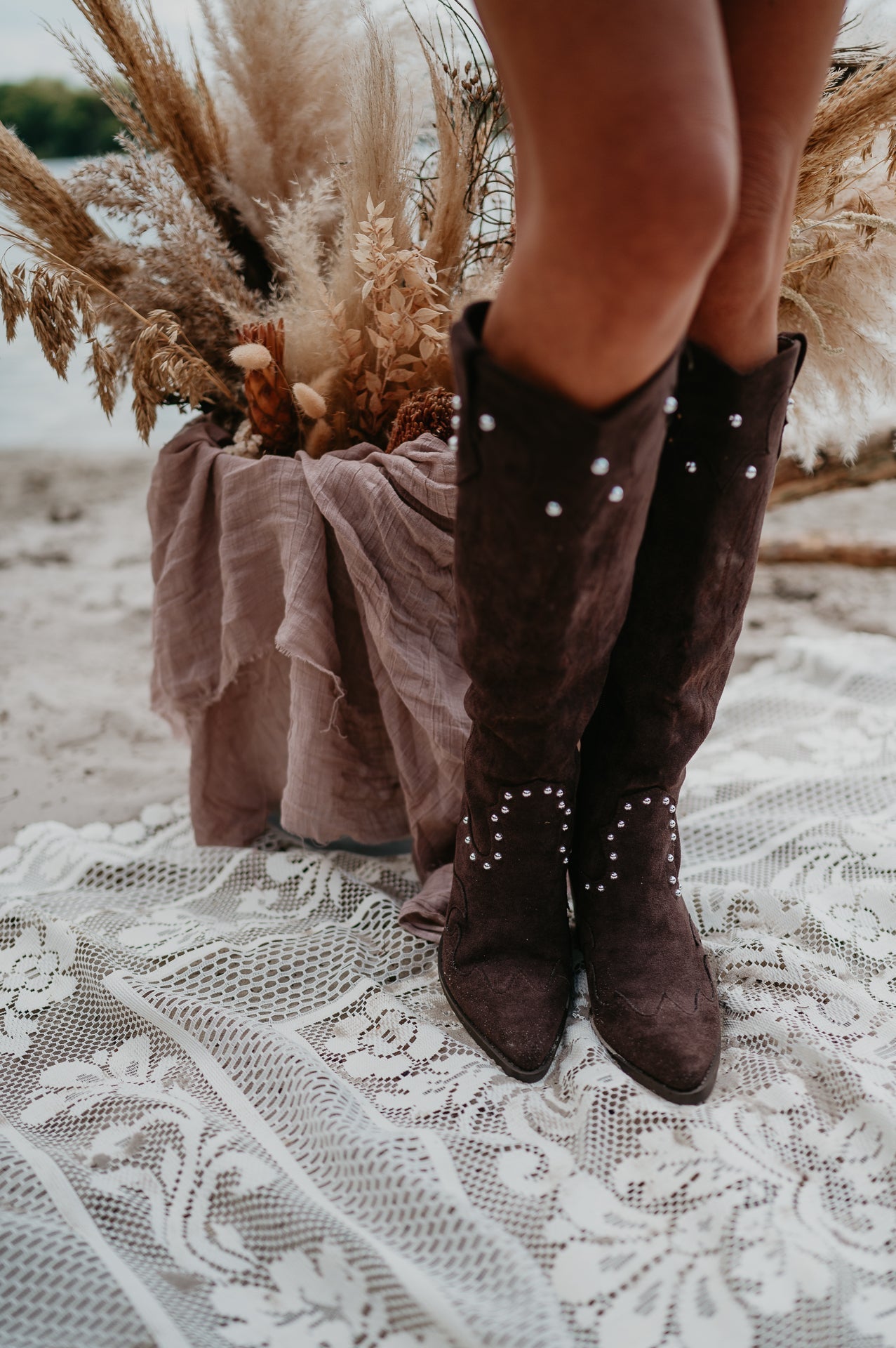 Women's Brown Knee-High Winter Boots with Pearl Details