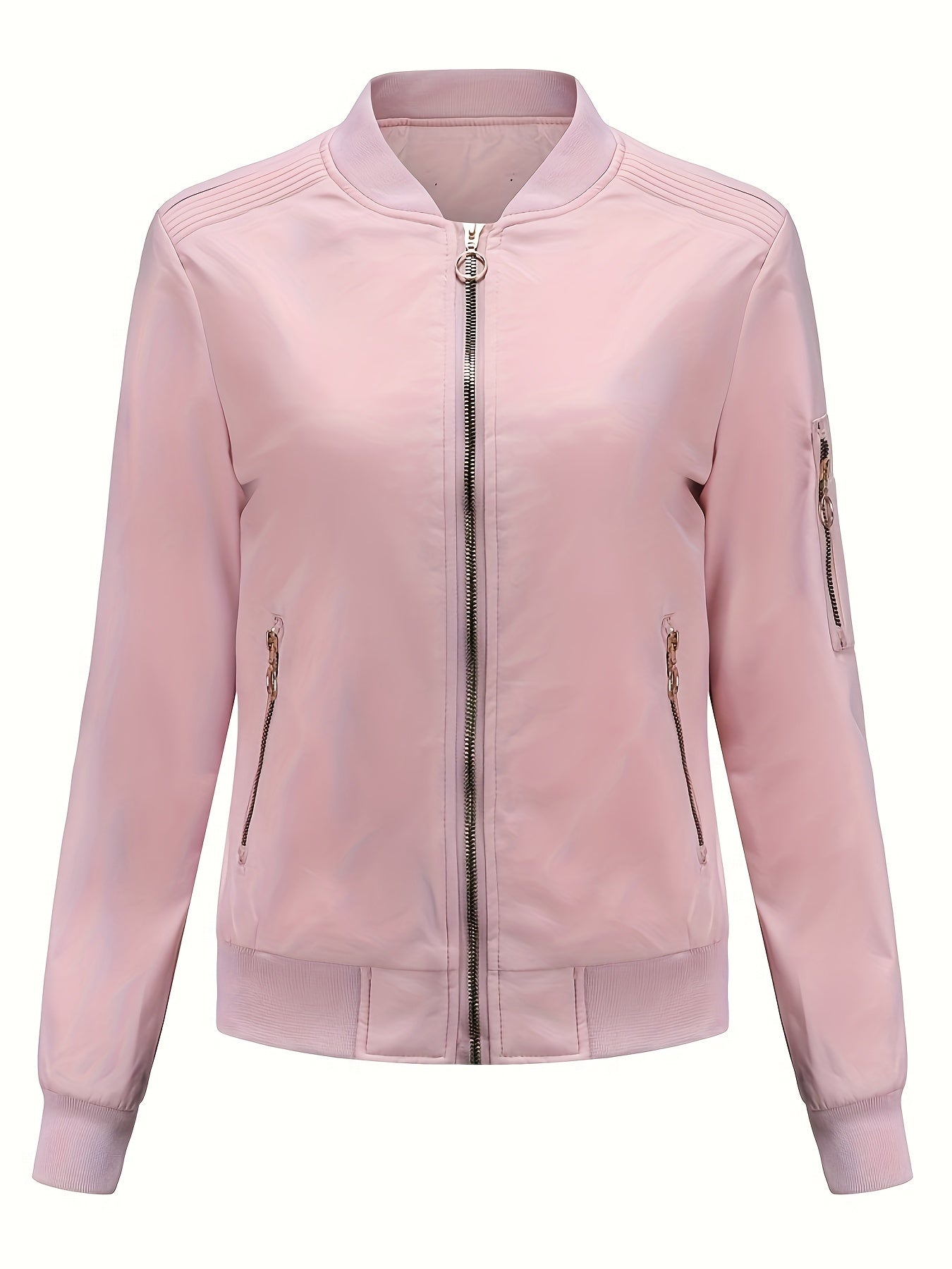 Sophie | Solid Color Polyester Bomber Jacket Featuring Baseball Collar and Zip Pockets