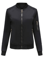 Sophie | Solid Color Polyester Bomber Jacket Featuring Baseball Collar and Zip Pockets